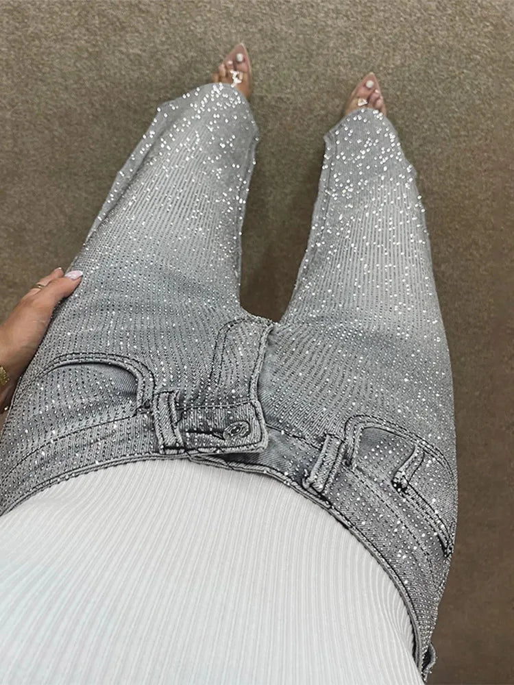 Y2k Women Shiny Rhinestone Denim Pants Wide Leg Straight Full Diamond