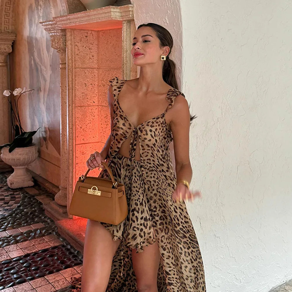 Women's Summer 2025 Beach Vacation Dress Set Chiffon Print Halter Long