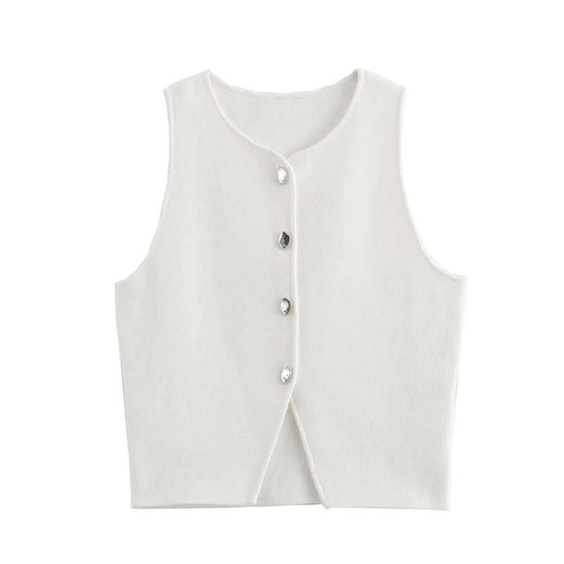 MUJER Cropped Knit Vest Women Cardigan White Sleeveless Vest Woman