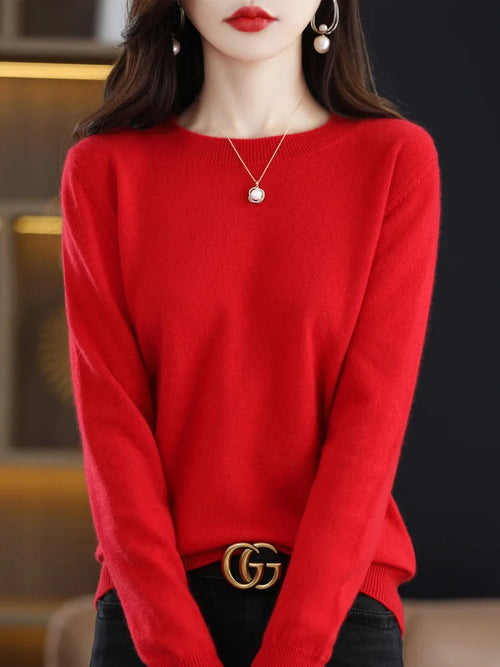 Fashion 100% Merino Wool Women's Sweater O-Neck Long Sleeve Pullover
