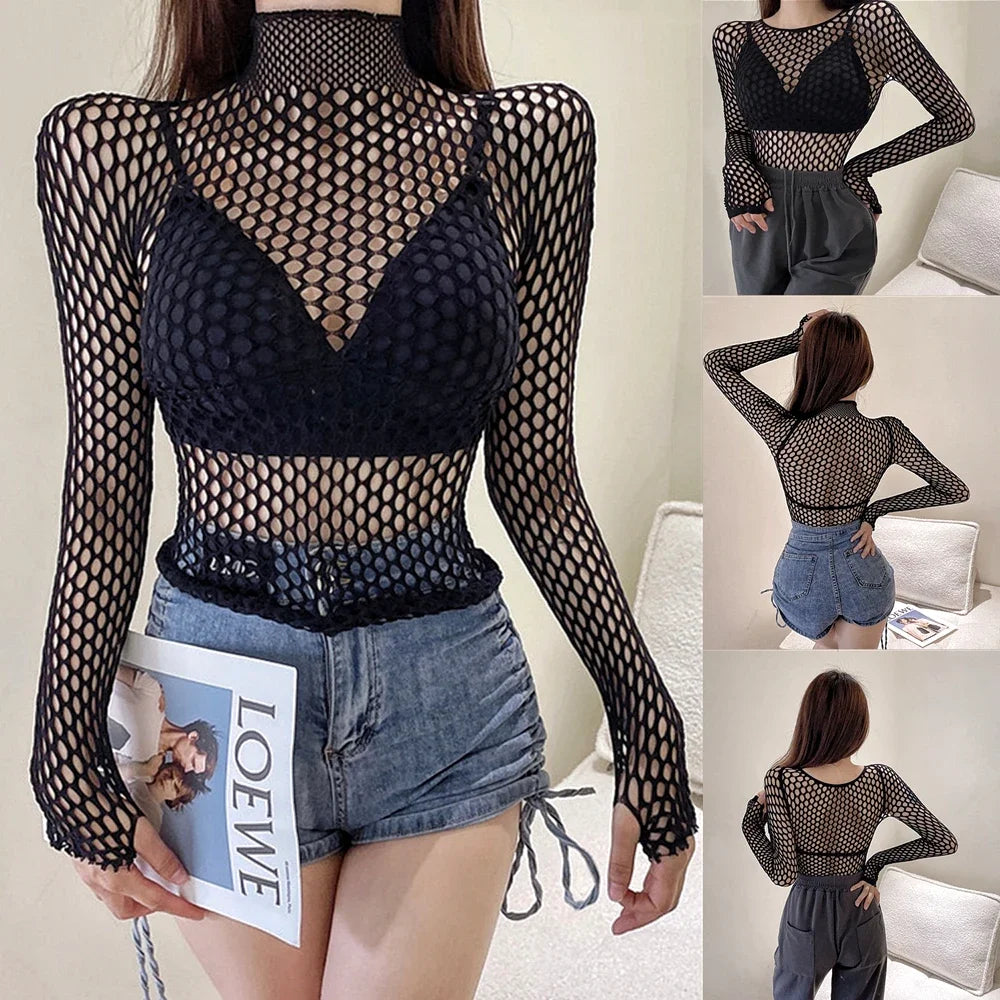 Gothic Sexy Black Fishnet Mesh See Through T-Shirt Women Skinny Goth