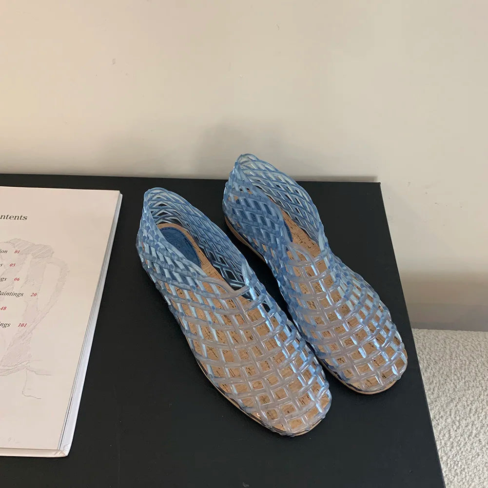 Women Jelly Flats Mesh Ballet Flats Square Toe Hollow Out Ballet Flats