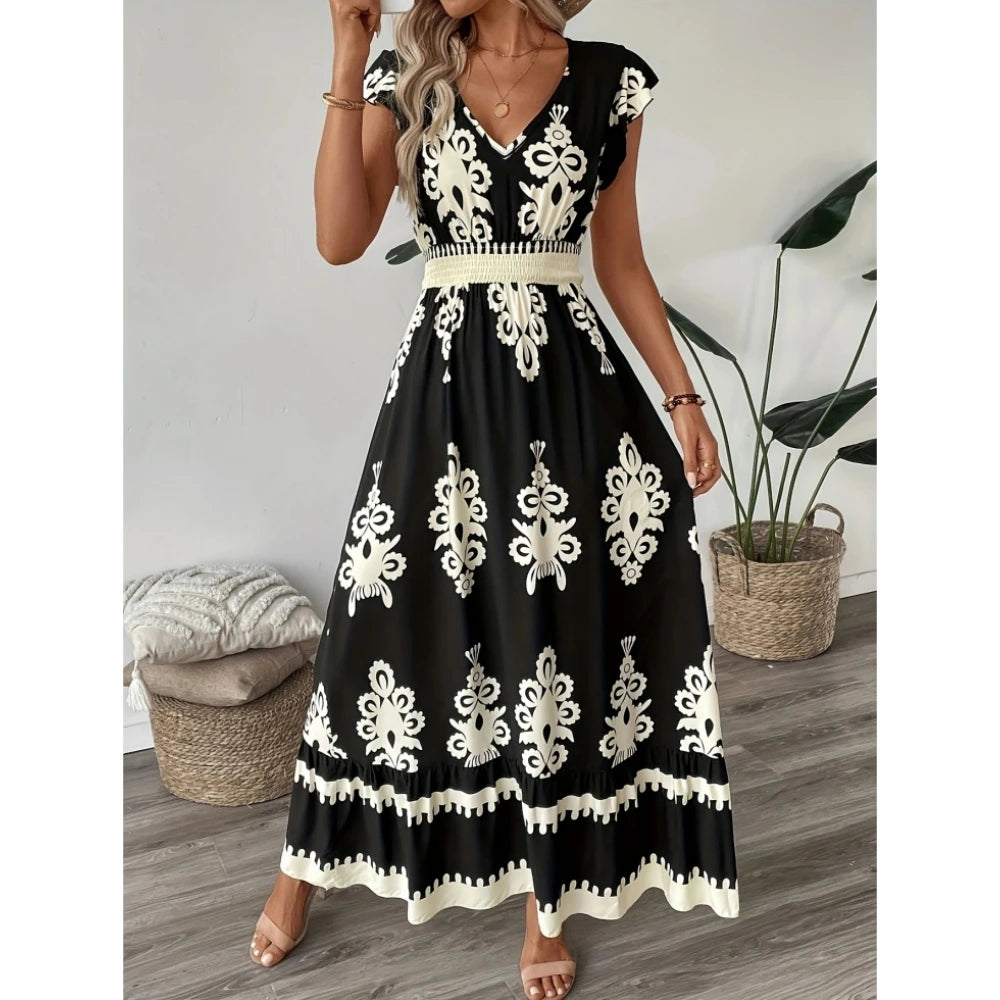 Plus Size Women Elegant V Neck Maxi Dress Geometric Pattern Short