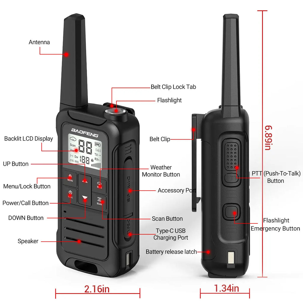 2PCS Baofeng F22 PMR FRS Mini Walkie Talkie Waterproof Type-C