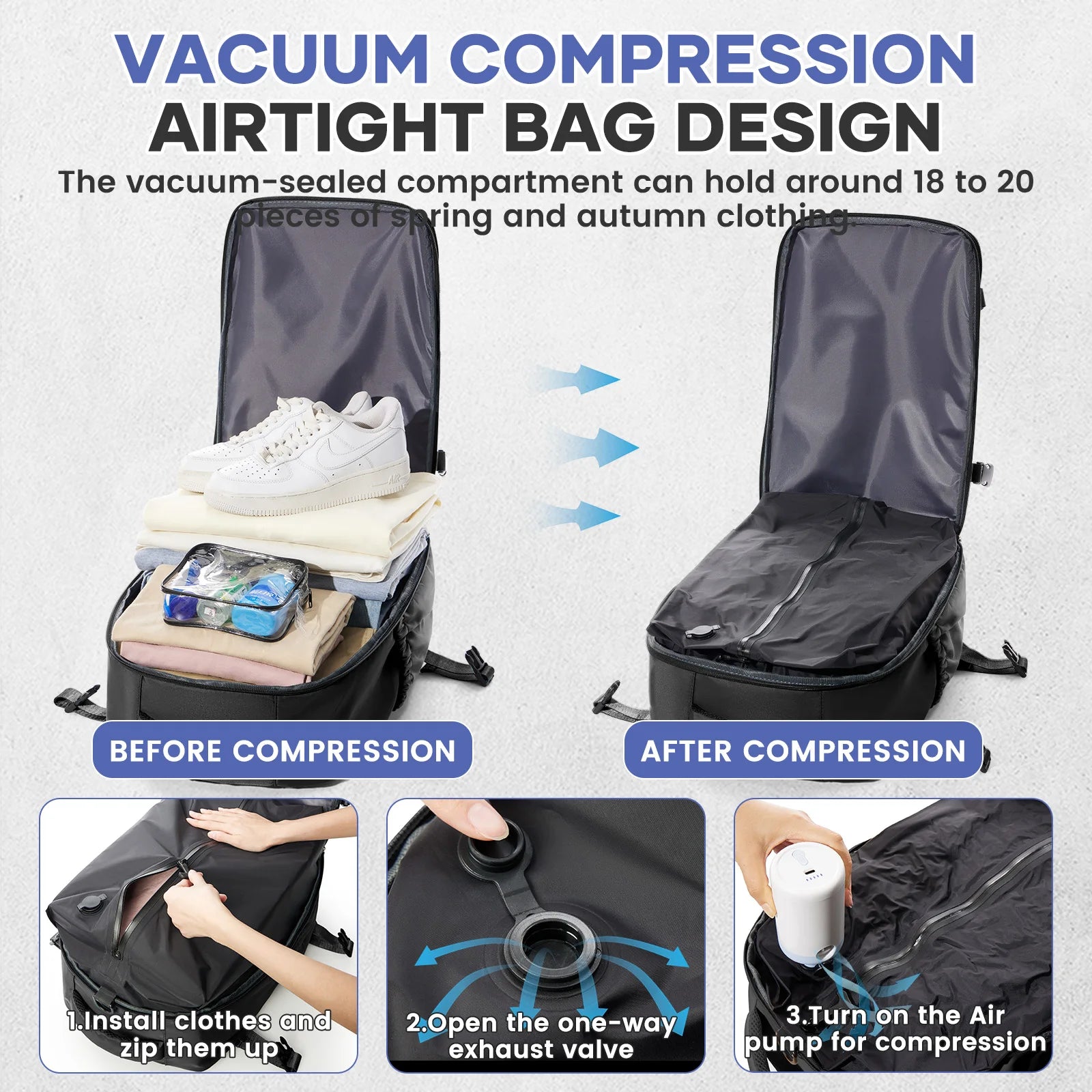 Men Vacuum Compression Backpack 15.6in Laptop Backpack Expand Hiking