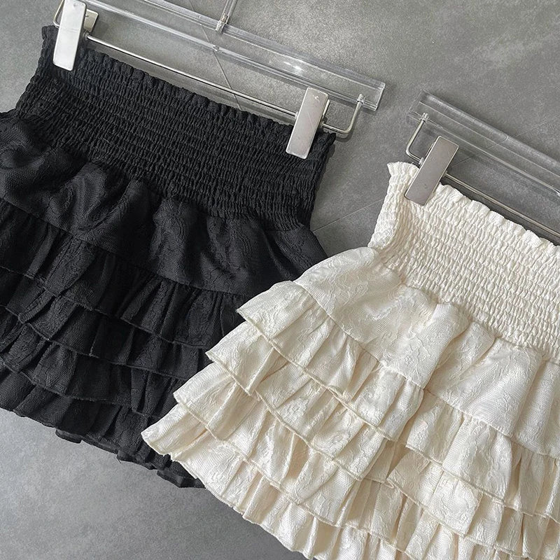 Streetwear Y2k Ruffles Mini Skirts Women Sweet Kawaii High Waist Lace