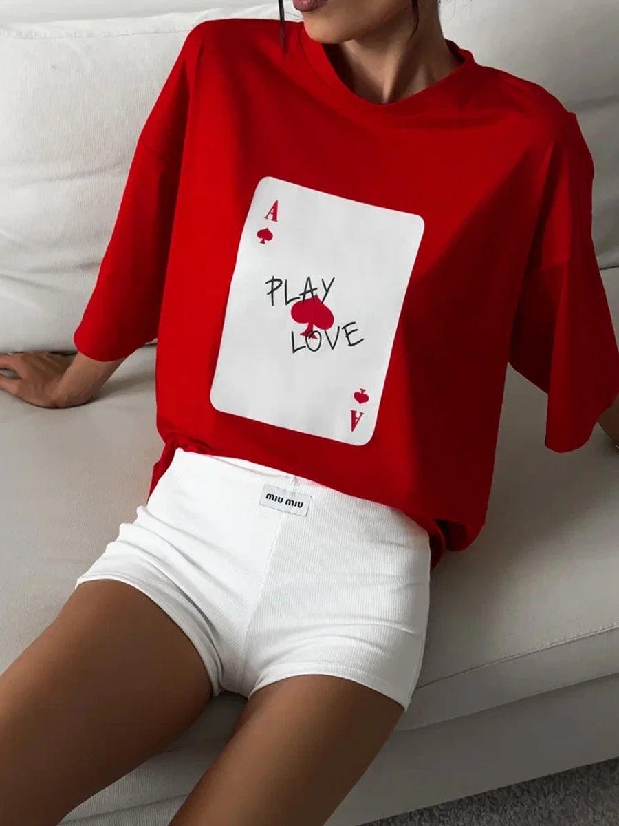 Bornladies 100% Cotton Poker Card Printed T-Shirt Women's Fashionable