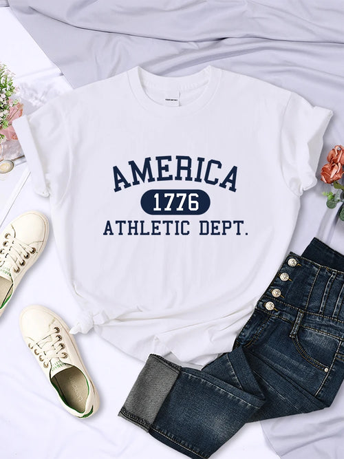 America 1776 Athletic Dept Letter T-Shirt Female Sport Casual Crop Top