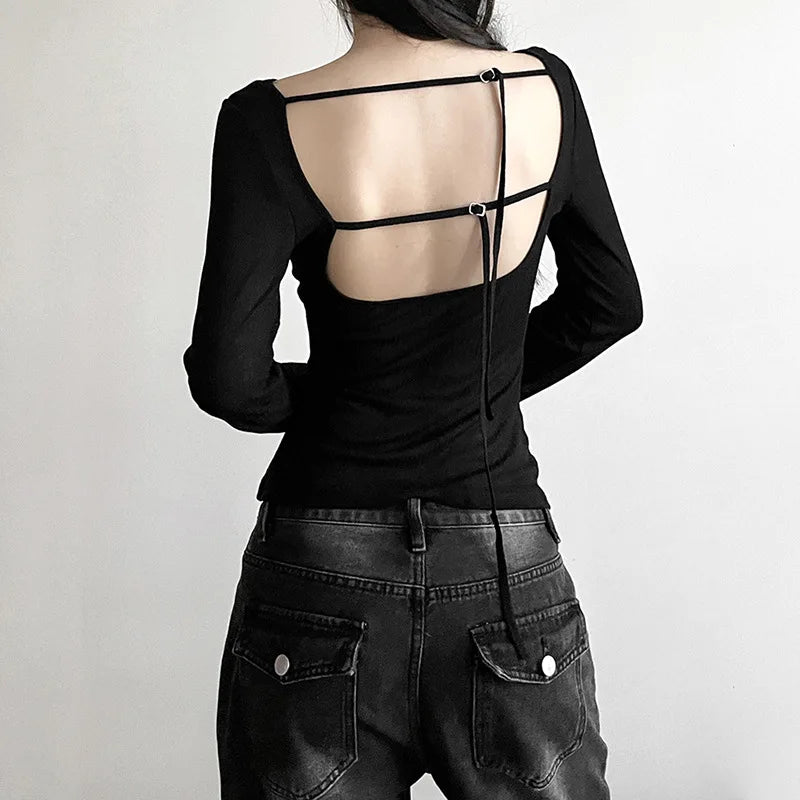 Women Autumn Long-sleeved Slash Neck Crops Tops Elastic Sexy Slim