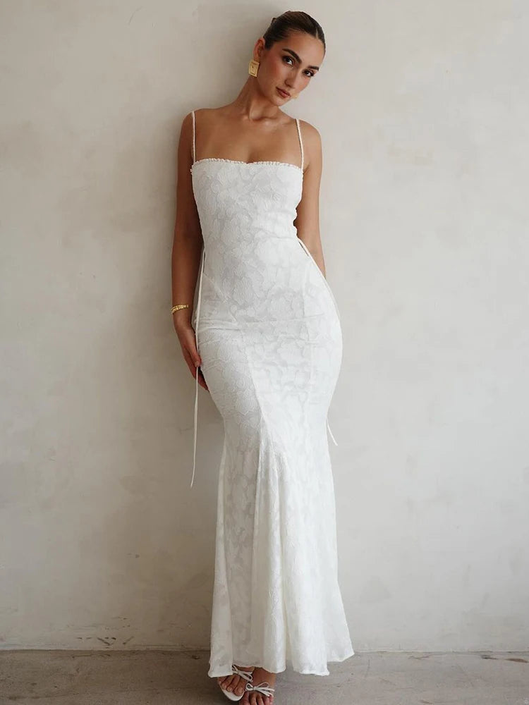 Mozision White Backless Lace-up Sexy Maxi Dress For Women Gown Summer