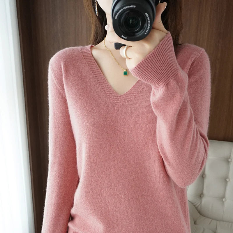 New Cashmere Women's V-neck Pullover Lace Neck Hollow Out Design