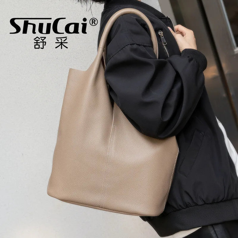 Genuine Leather Commuter Tote Bag Simple Ladies Soft Cowhide Tote