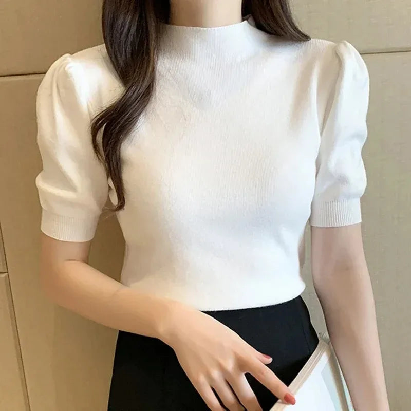 Women's Korean Puff Sleeve Knitted Blouse, Half Turtleneck, Slim Tank