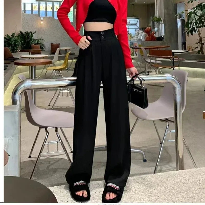 Elegant Wide Leg Pants Women Korean Style High Waist Black Baggy Pants