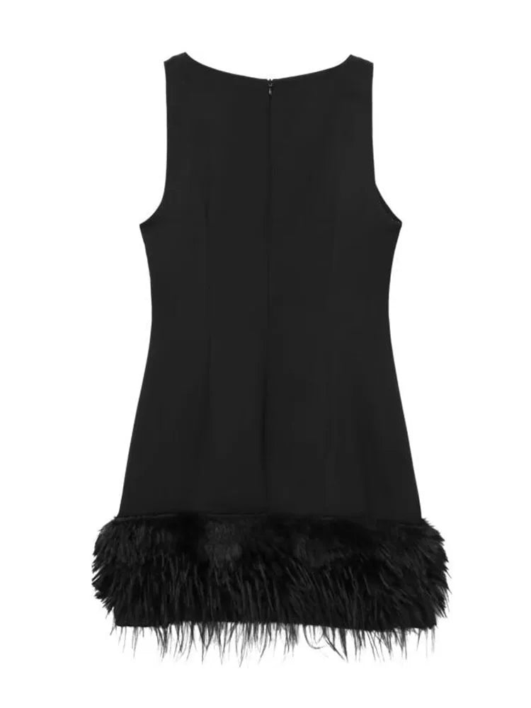 TFMLN 2024 New Elegant Women Feathers Mini Dresses Sexy Slim