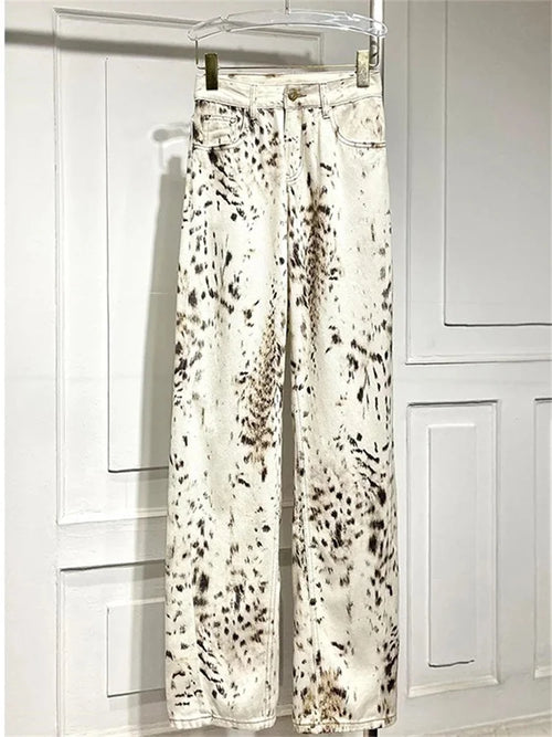 Leopard Print Straight Wide Leg Jeans Women High Waisted Retro Jeans