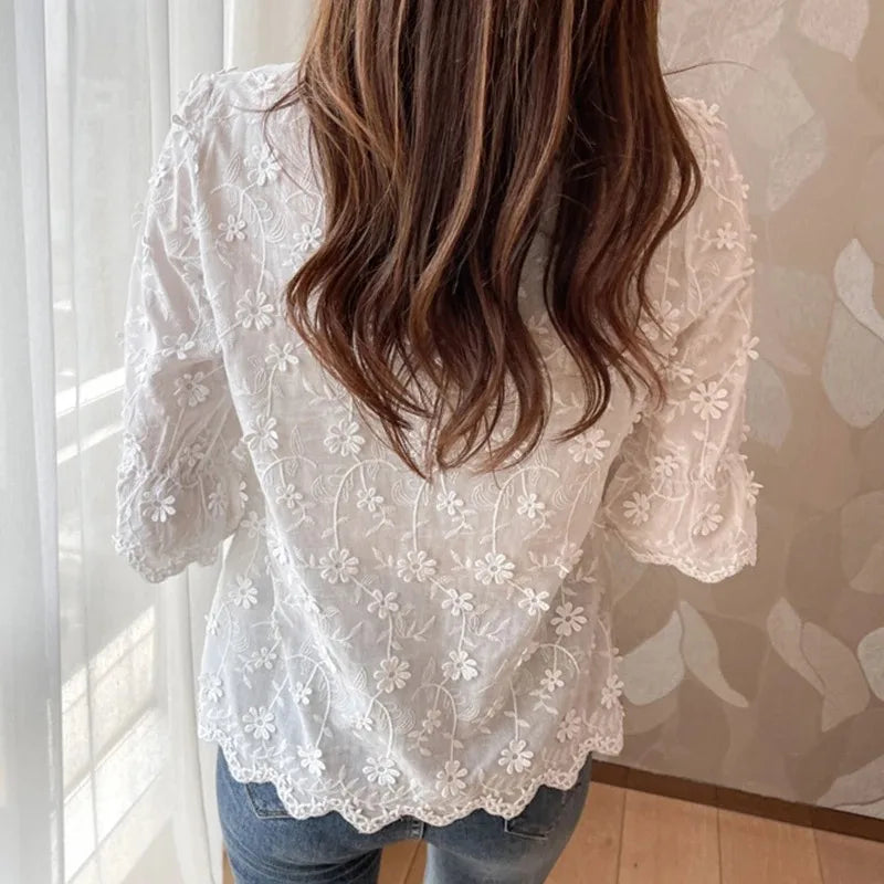 Women's Cotton Short Sleeve Lace Blouse, Summer Tops, Embroidery