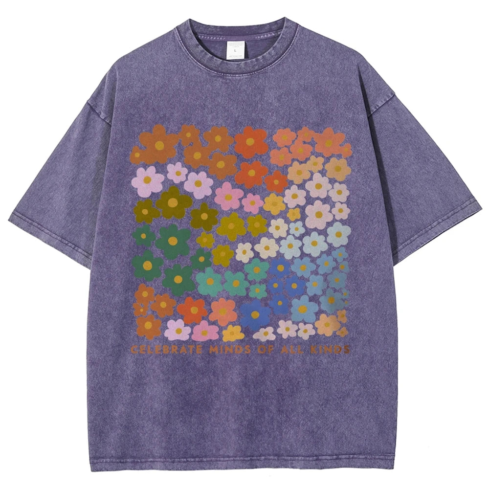 100% Color Flower Letter Print T-Shirt Loose Retro Old Shoulder Wash