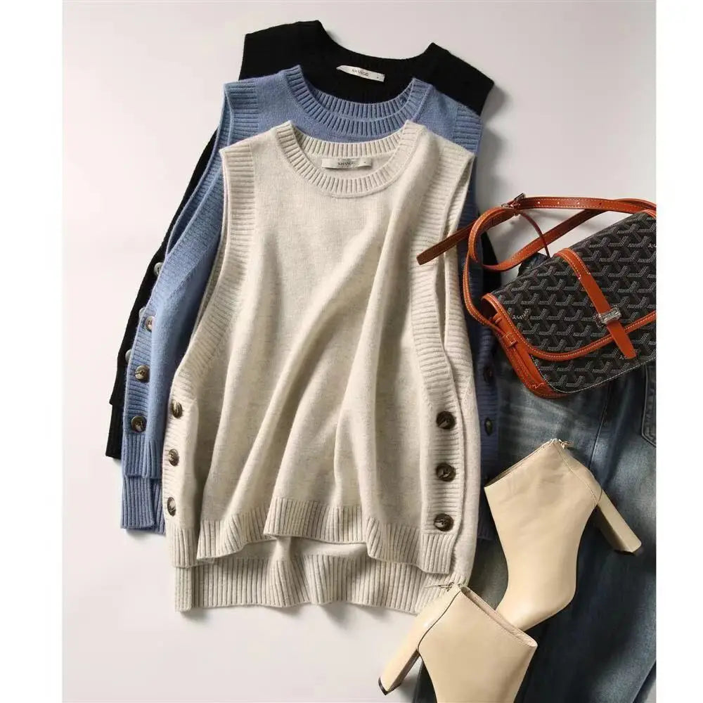 College Style Hem Three Button Sweater Knitted Vest Women Solid O Neck
