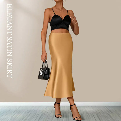 Satin Skirts for Women Korean Style Champagne Office High Waist A-line
