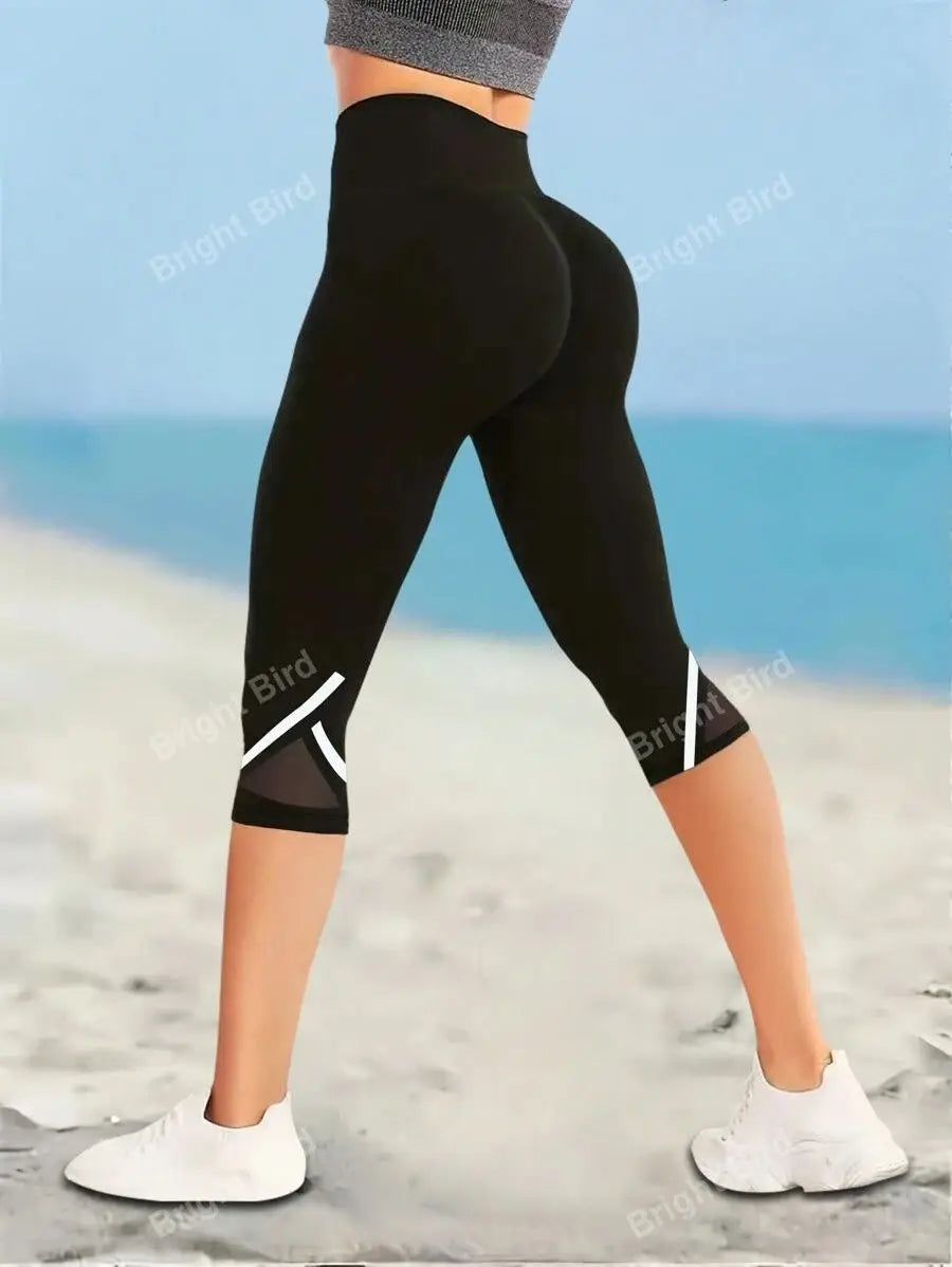 Mesh High Waist Yoga Pants Capri Leggings For Women, Tummy Control
