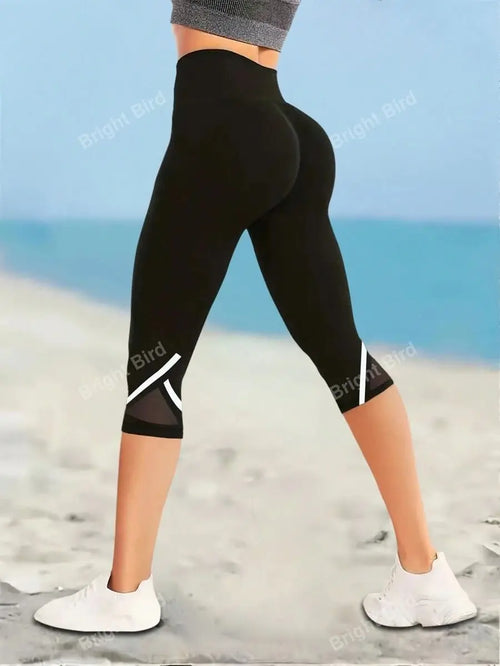 Mesh High Waist Yoga Pants Capri Leggings For Women, Tummy Control