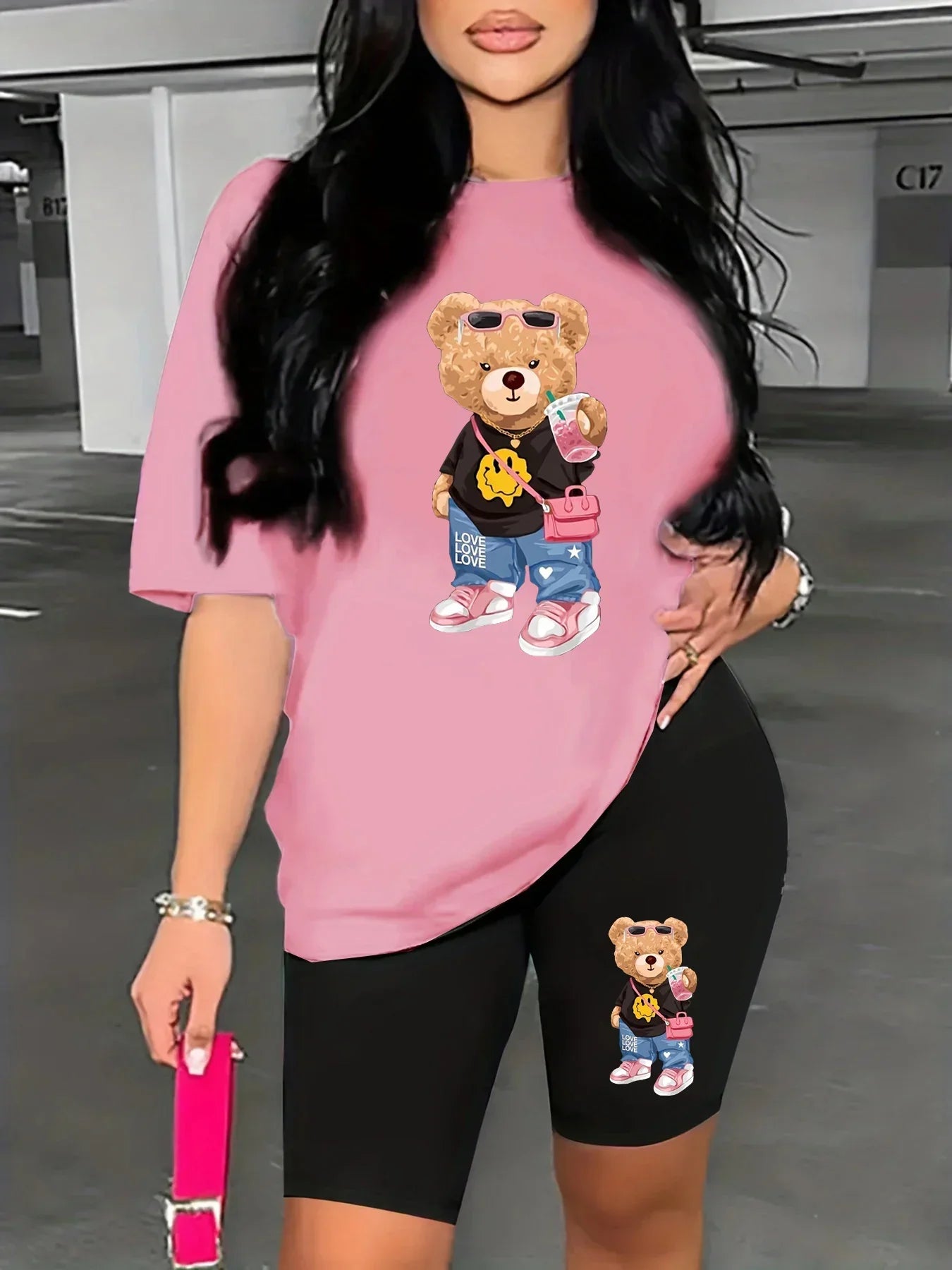 Summer Women's Bear Cartoon Print Casual Loose Round Neck Short