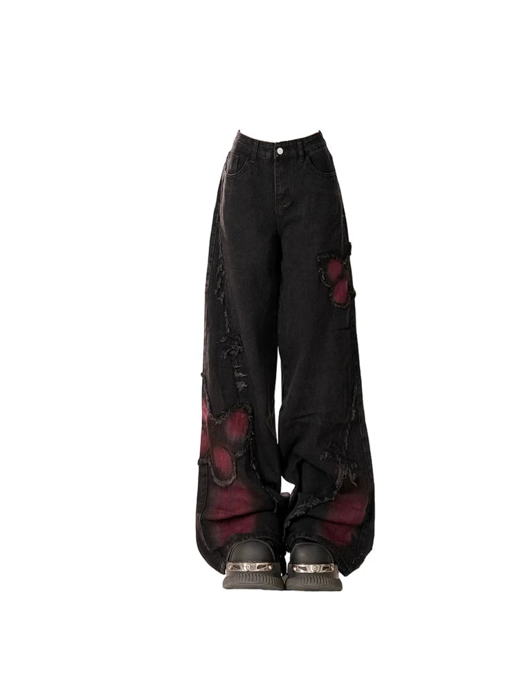 Women's Baggy Butterfly Jeans Vintage 90s Aesthetic Cowboy Pants