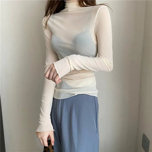 Sexy Women T Shirt See Through Transparent Mesh Tops Long Sleeve Sheer