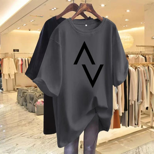 Loose casual cotton women's T-shirt with elegant printed short sleeved