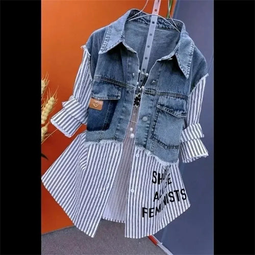 Women Denim Jacket Fake Two Denim Shirts 2024 New Spring Summer Autumn