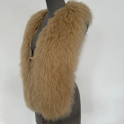 Fluffy Luxury  Real Mongolian Fur Halter Vests Women Solid Deep V-Neck