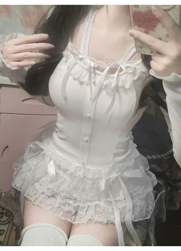 Y2k Lace Sweet Girl Korea Summer Skirts Women Clothes White MIni Skirt