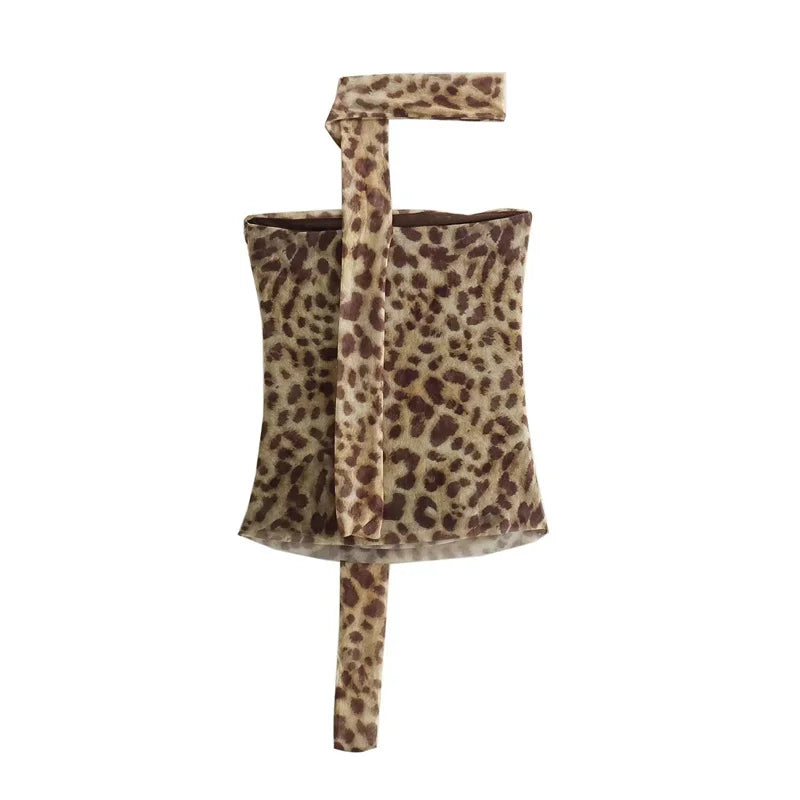 MUJER Leopard Print Crop Top Woman Ruched Tulle Corset Top Women off