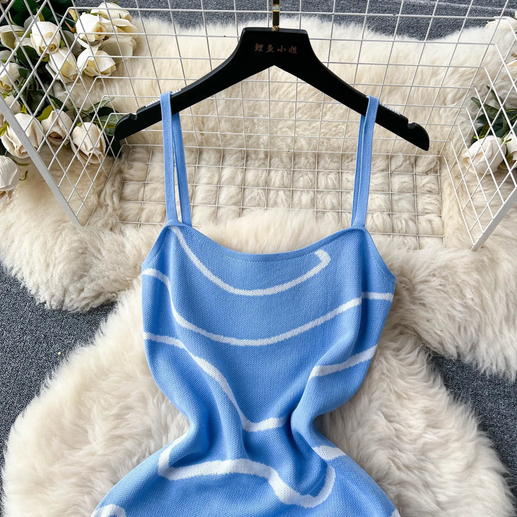 2024 Ladies Knitted Sheath Sundress Sleeveless Hotsweet Print Backless