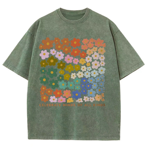 100% Color Flower Letter Print T-Shirt Loose Retro Old Shoulder Wash