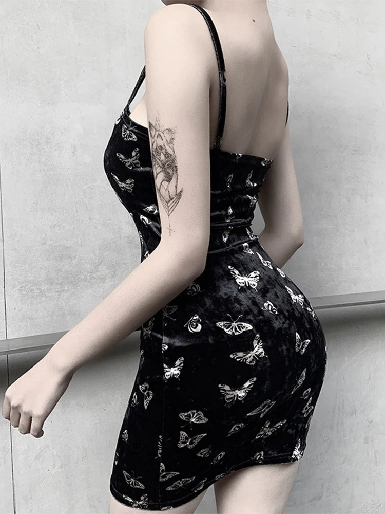 Harajuku Black Dress Women Gothic Spaghetti Strap Backless Off