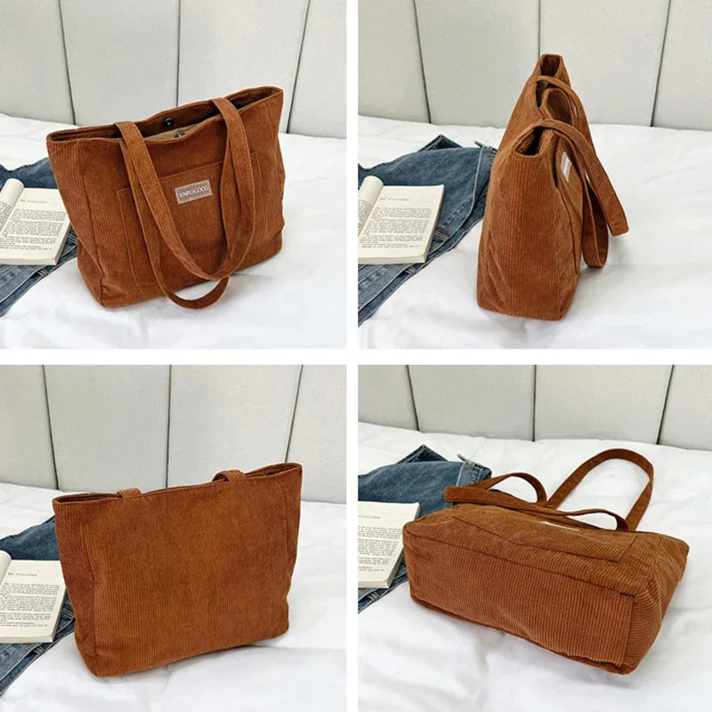 Large Capacity Shoulder Bag Trendy Corduroy Tote Bag Solid Color