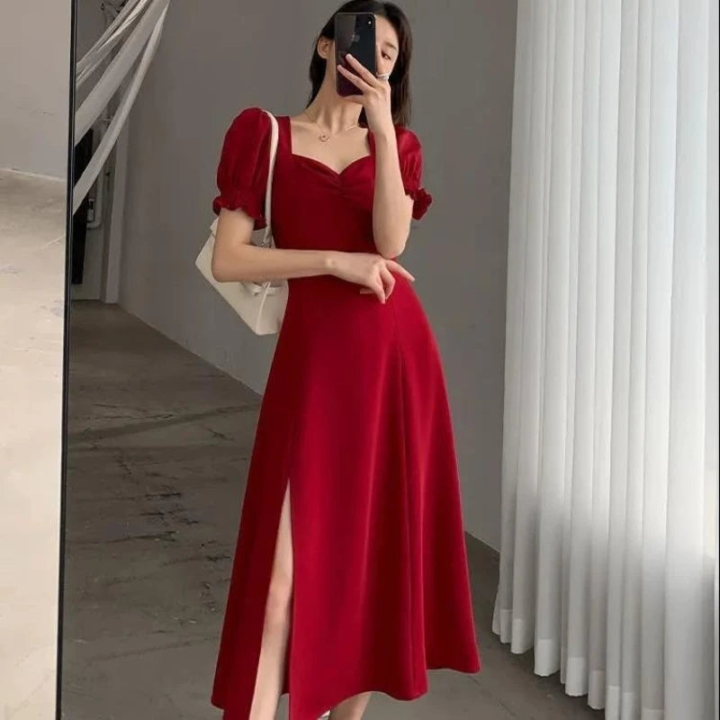 Solid Puff Short-Sleeved Elegant Slit Dress New Fashion Women V-neck