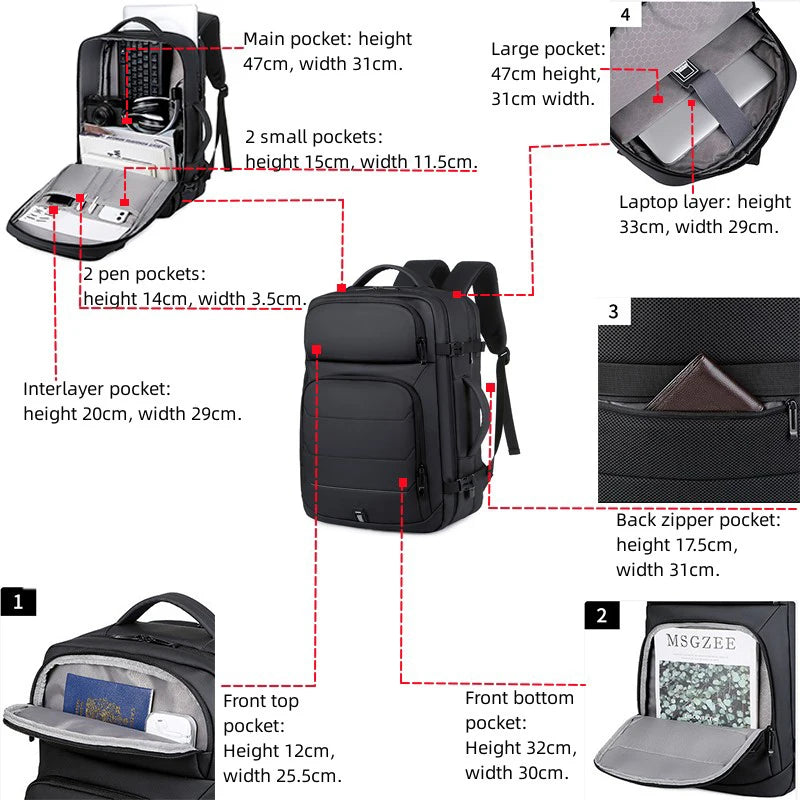 Expandable Men‘s 17 Inch Laptop Backpacks Waterproof Notebook Bag USB