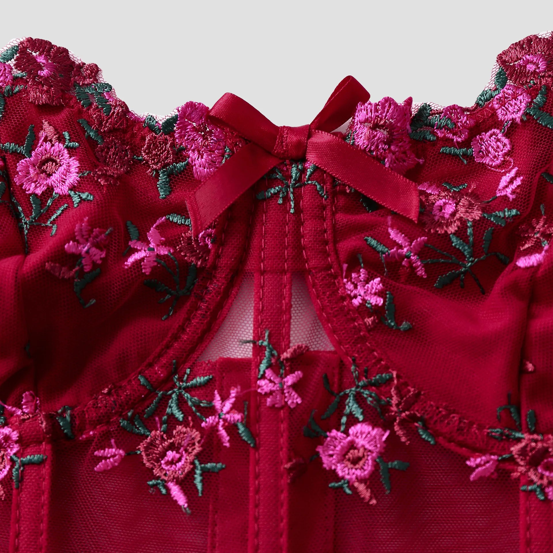 Sexy Lace Floral Embroidery Bow Corset For Women Camisole Sheer Mesh