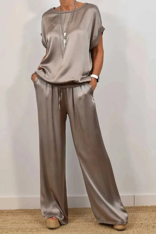 Casual Loose Satin T Shirt Pants Two Piece Sets Women Fashion O-neck