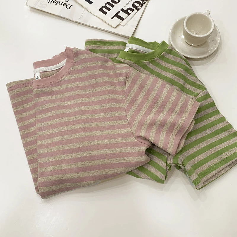 Summer Short Sleeve Striped T-Shirts Versatile Women Knitted Basic