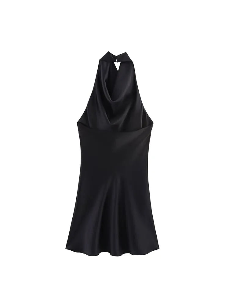 2025 Women Summer Halter Mini Dress Fashion Sexy Satin Backless Solid