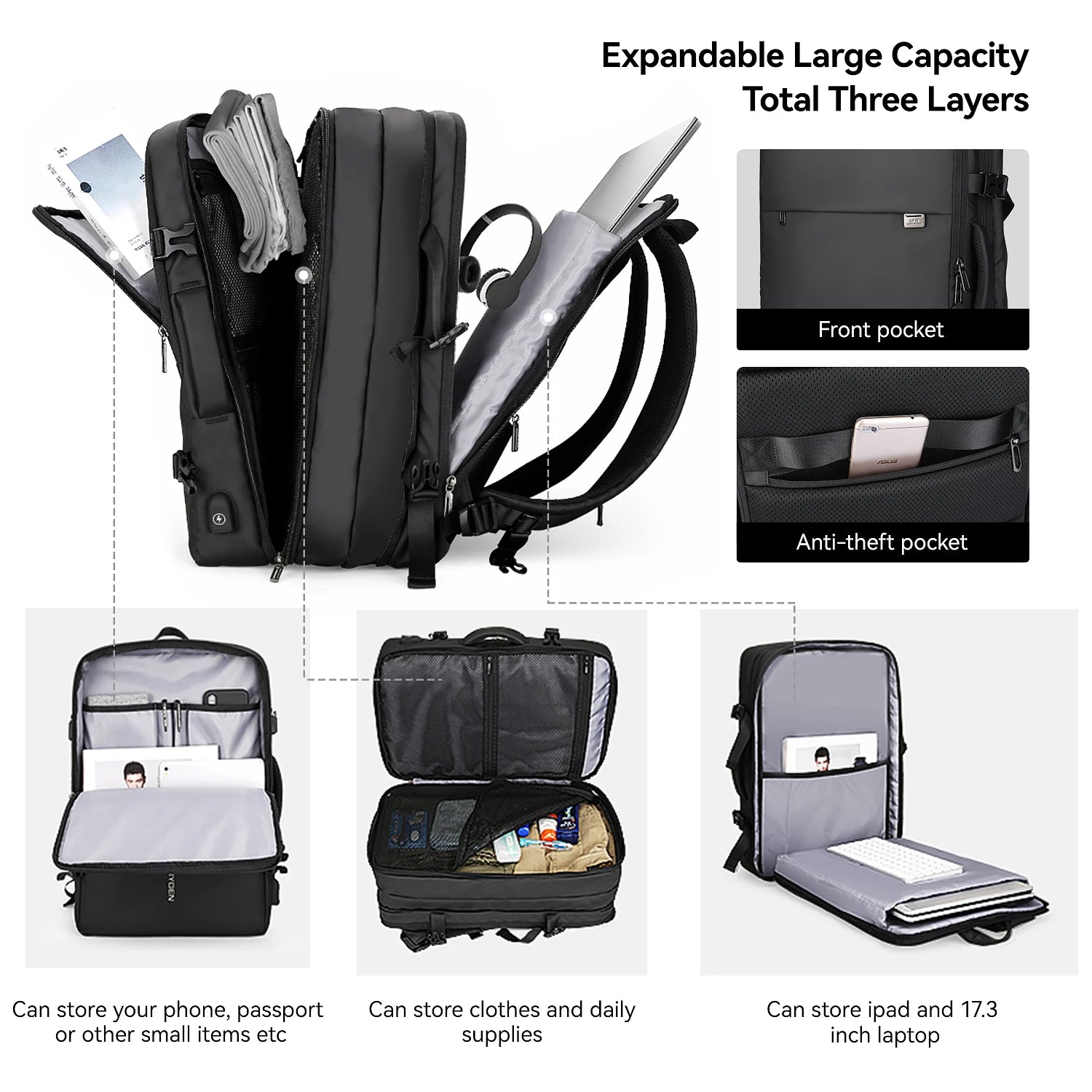 MARK RYDEN Large Backpack Men Rucksack 40L Expandable Business Travel
