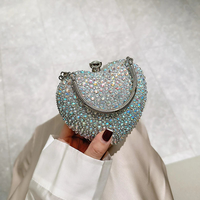 Luxury Diamond Inlay Heart Shape Crystal Clutch Purse Stones Evening
