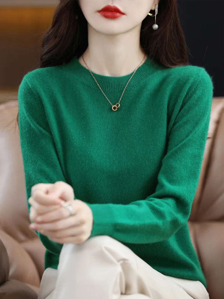 Fashion 100% Merino Wool Women's Sweater O-Neck Long Sleeve Pullover
