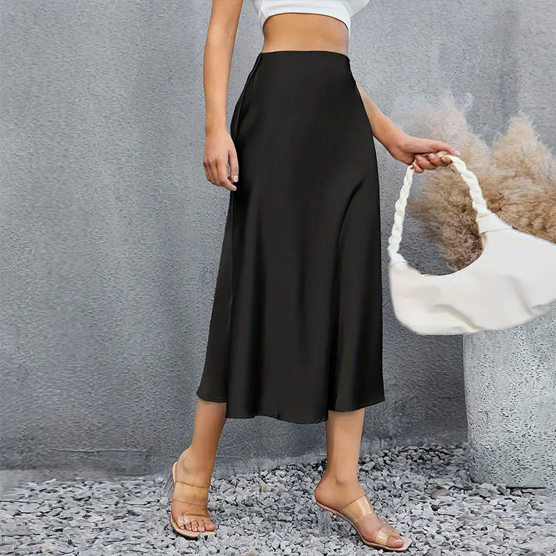 Satin Skirts for Women Korean Style Champagne Office High Waist A-line