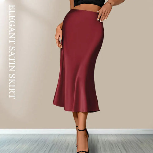 Satin Skirts for Women Korean Style Champagne Office High Waist A-line