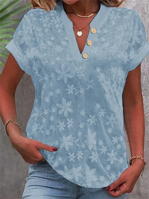 Summer Casual V-neck Shirt Blouse Women Fashion White Jacquard Short